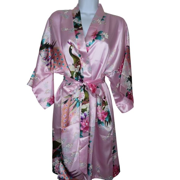 Peacock Print Satin Kimono Robe Belt Pink Floral Design Small Womens Lounge Wear - Picture 6 of 6